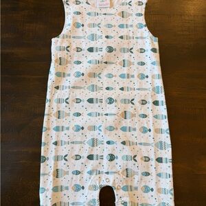 Sleeveless Fish-Print One-Piece Romper - White & Teal